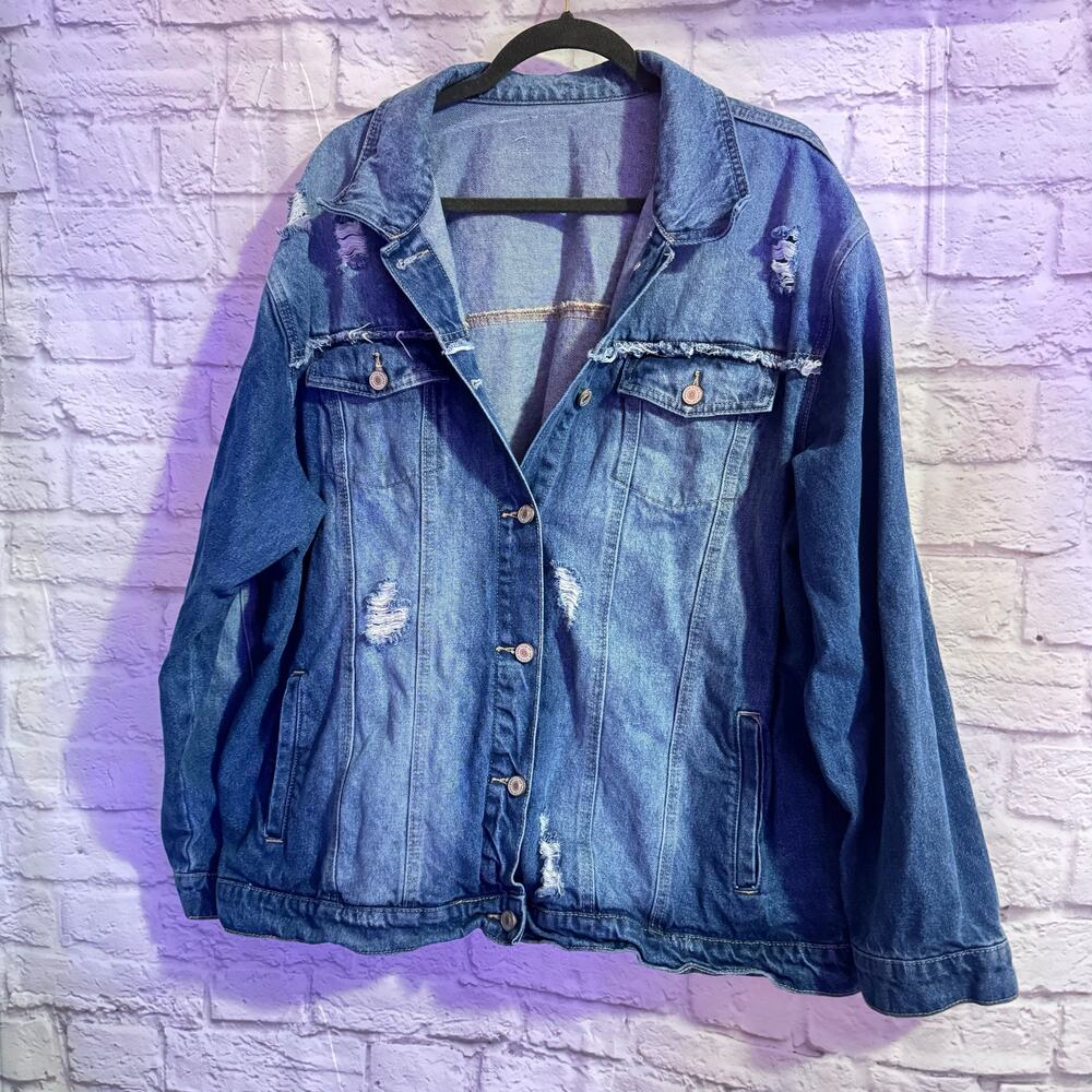 KANCAN LOS ANGELES DISTRESSED JEAN JACKET *Heavy* SZ 2 X (48 in bust)